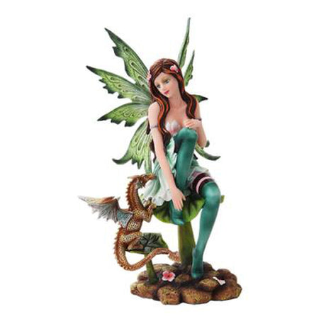 10" Fairy Statue - Green Fairy with Small Dragon - Magick Magick.com