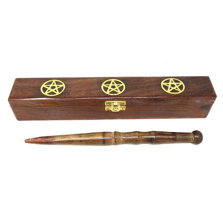 10" Wooden Magic Wand with Pentagram Wood Box - Magick Magick.com