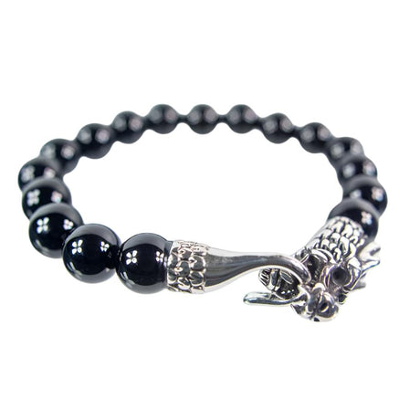 10 mm Elastic Bracelet Round Beads - Black Onyx with Stainless Steel Dragon Head Clasp - Magick Magick.com