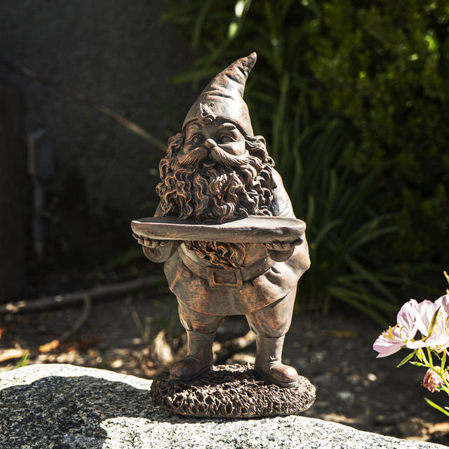 10.2" Gnome Statue - Bronze Gnome with Plate - Magick Magick.com