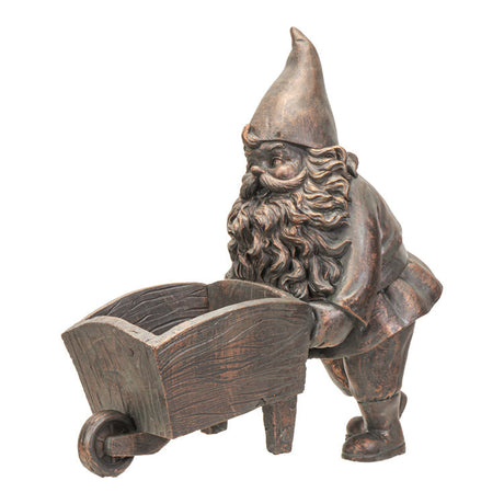 10.6" Gnome Statue - Bronze Gnome with Wheelbarrow Planter - Magick Magick.com