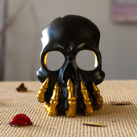 11" Black and Gold Skull Candle Holder - Magick Magick.com