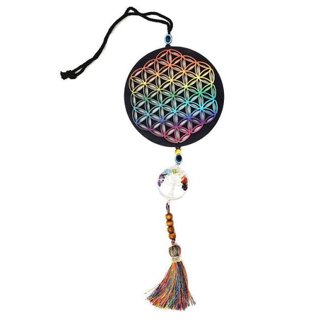 11" Hanging Wooden Flower of Life Tree of Life Charm with Chakra Gems and Evil Eye - Magick Magick.com