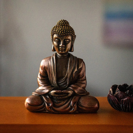 11" Sitting Buddha Metal with Wood Stand - Magick Magick.com