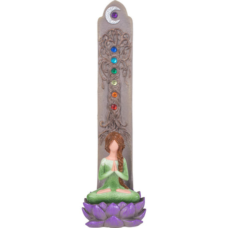 11.25" Polyresin Incense Holder - Yoga Goddess with Chakra Gems - Magick Magick.com