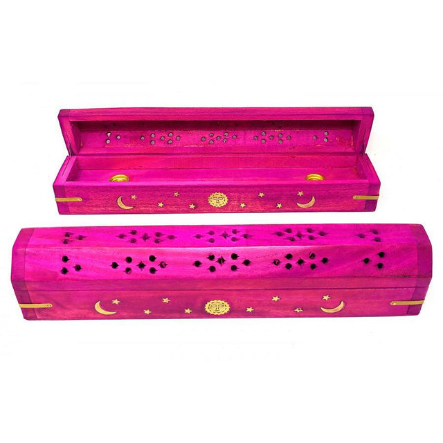 12" Celestial Brass Inlay Wood Incense Box Burner with Storage - Pink - Magick Magick.com