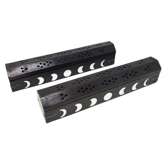 12" Moon Phase Black Wood Incense Box Burner - Magick Magick.com