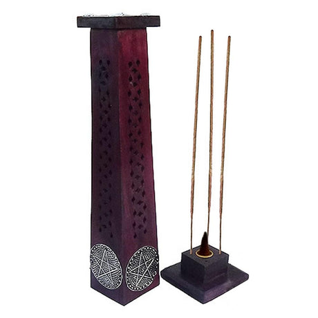 12" Purple Pentacle Tower Lift Top Wood Incense Burner - Magick Magick.com