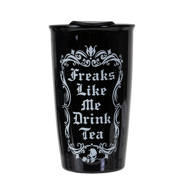 12 oz Black Ceramic Travel Mug - Freaks Like Me Drink Tea - Magick Magick.com