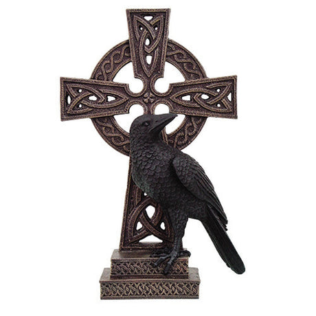 12.25" Raven on Celtic Cross Statue - Magick Magick.com
