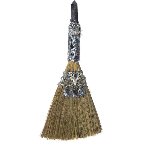 13" Wicca Gemstone Broom - Amethyst with Silver Triple Moon - Magick Magick.com