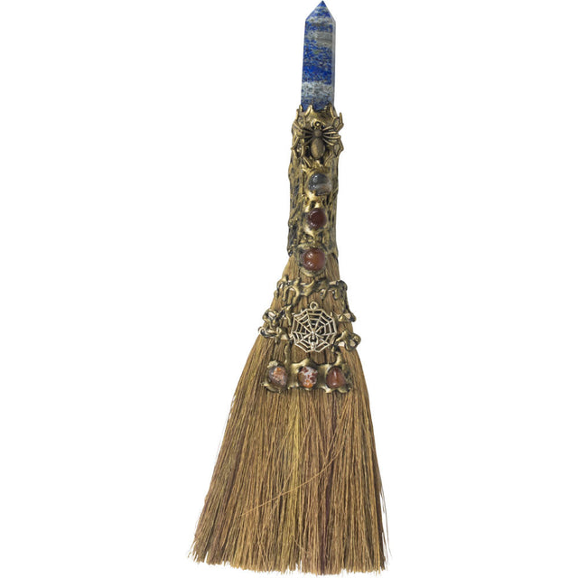 13" Wicca Gemstone Broom - Lapis with Gold Spider - Magick Magick.com