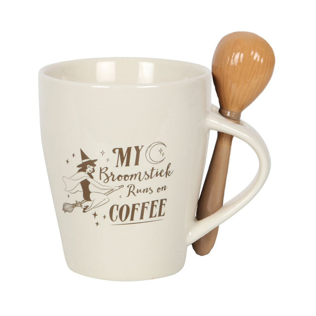 16.9 oz Ceramic Mug with Spoon - My Broomstick Runs on Coffee - Magick Magick.com