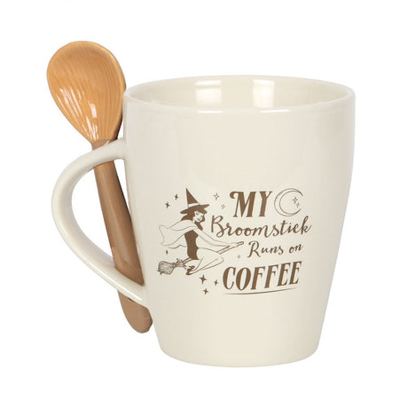 16.9 oz Ceramic Mug with Spoon - My Broomstick Runs on Coffee - Magick Magick.com