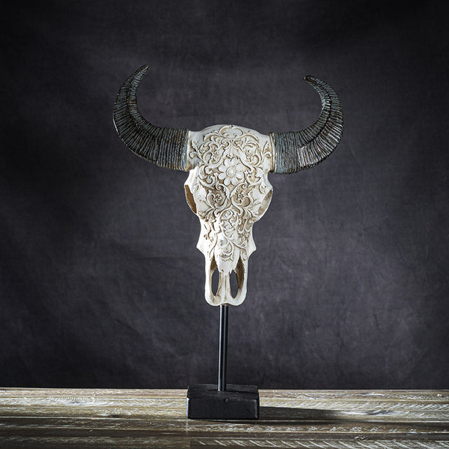 17.3" Carved Cow Skull on Stand Statue - Magick Magick.com