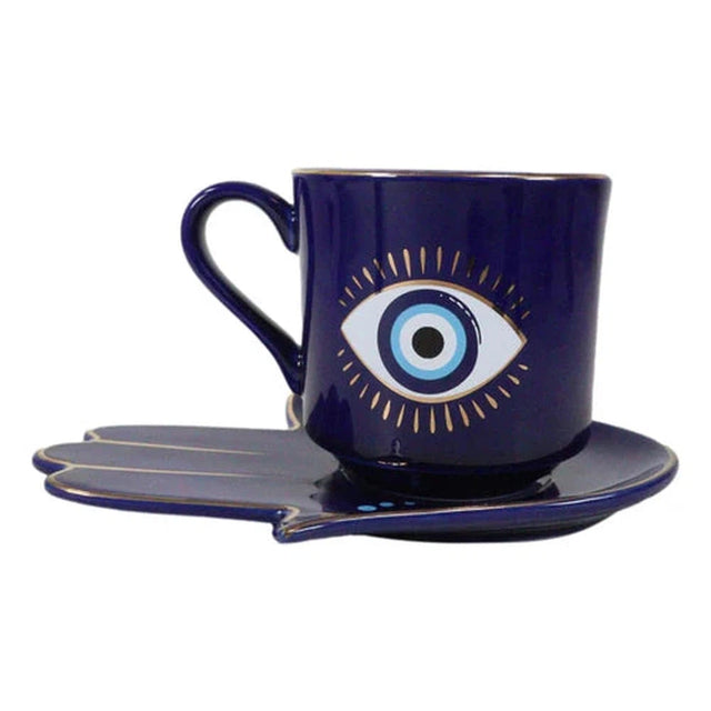 18 oz Ceramic Mug and Saucer Set - Evil Eye Blue - Magick Magick.com