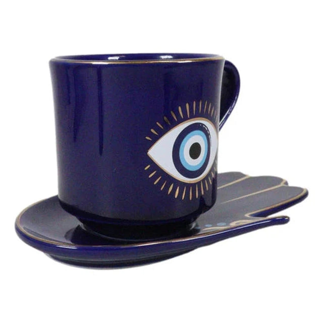 18 oz Ceramic Mug and Saucer Set - Evil Eye Blue - Magick Magick.com