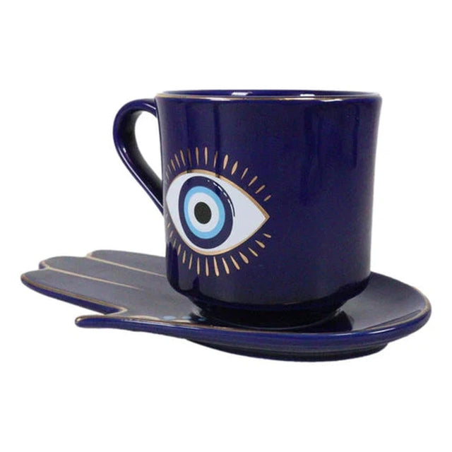 18 oz Ceramic Mug and Saucer Set - Evil Eye Blue - Magick Magick.com