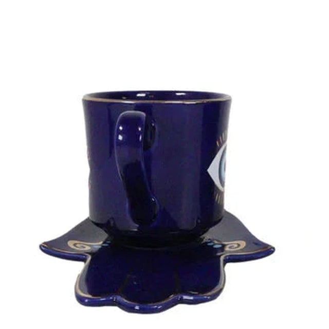 18 oz Ceramic Mug and Saucer Set - Evil Eye Blue - Magick Magick.com