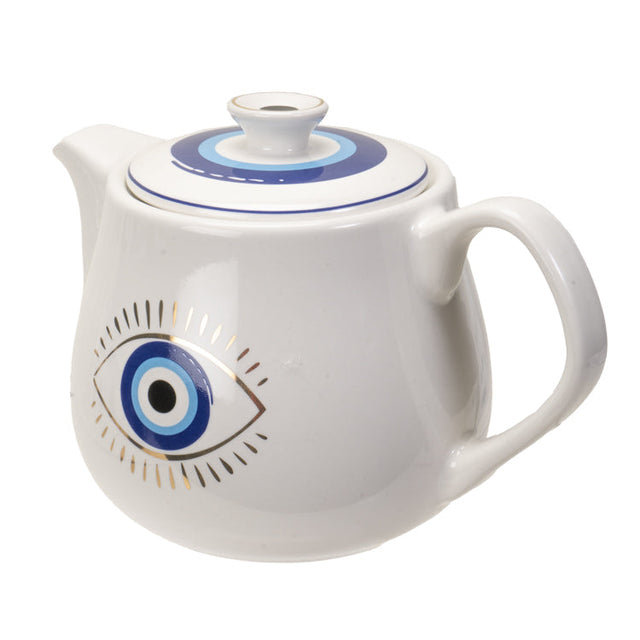 18 oz Ceramic Tea Pot - Evil Eye White - Magick Magick.com