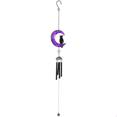 19" Purple Crescent Moon with Black Cat Wind Chime - Magick Magick.com