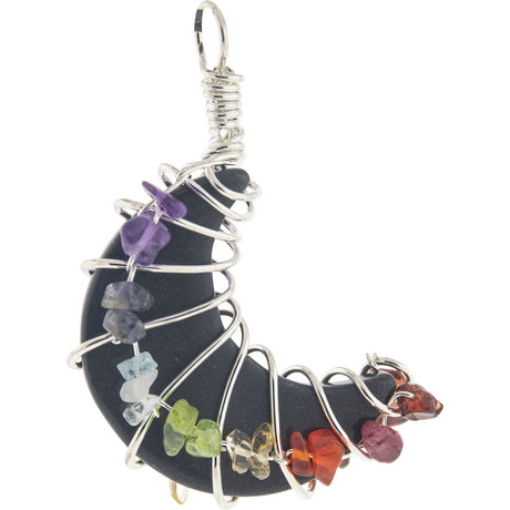 1.5" Wire Wrapped Crescent Moon Pendant - Black Agate with Chakra Chips - Magick Magick.com