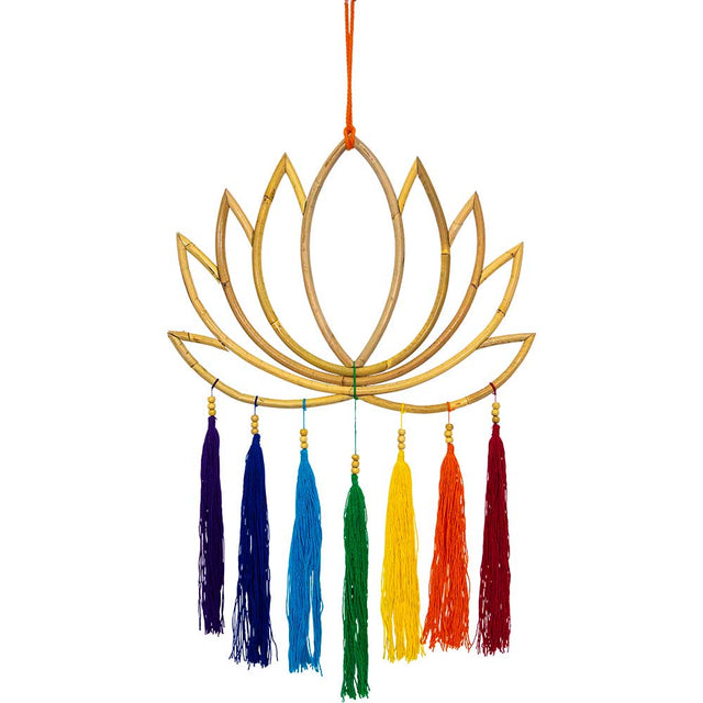 24" Bamboo Wall Hanging Lotus with Chakra Tassels - Magick Magick.com