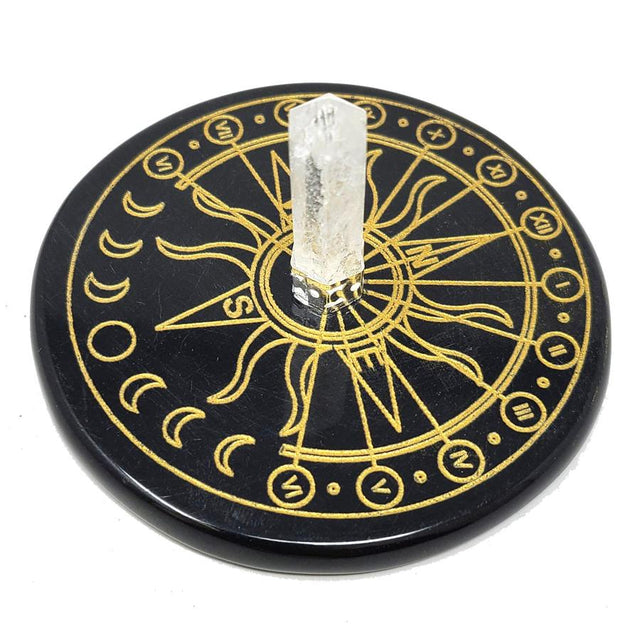 3" Black Agate Altar Tile - Celestial Sun with Crystal Quartz - Magick Magick.com