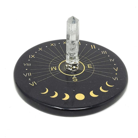 3" Black Agate Moon Phase Sun Clock Gold Printed Altar Tile with Crystal Quartz - Magick Magick.com