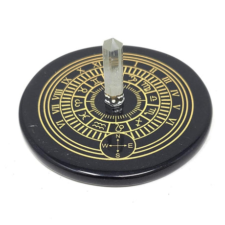 3" Black Agate Sun Clock Gold Printed Altar Tile with Crystal Quartz - Magick Magick.com