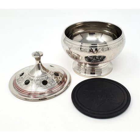 3" Silver Finish Engraved Brass Screen Charcoal Burner with Wooden Coaster & Lid - Magick Magick.com