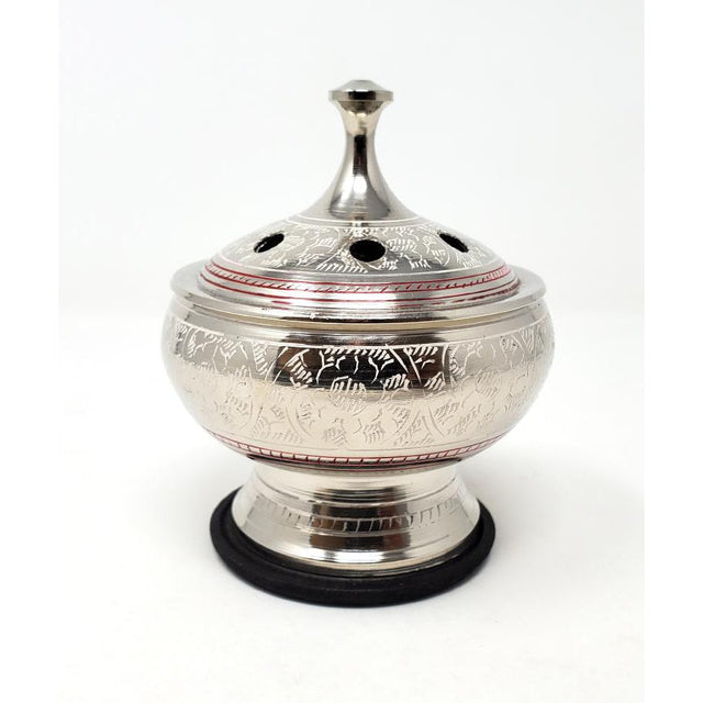 3" Silver Finish Engraved Brass Screen Charcoal Burner with Wooden Coaster & Lid - Magick Magick.com