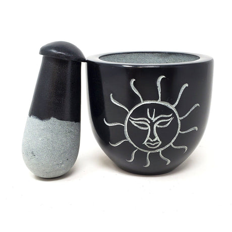 3" Sun Carved Black Soapstone Mortar & Pestle - Magick Magick.com