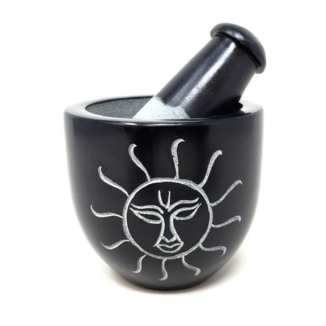 3" Sun Carved Black Soapstone Mortar & Pestle - Magick Magick.com
