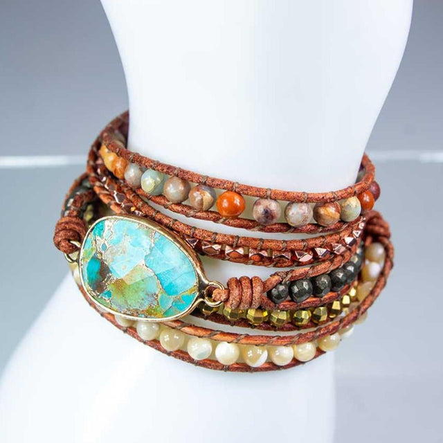 37" Wrap Bracelet Leather & Mixed Gemstones with Imperial Jasper Accent - Magick Magick.com