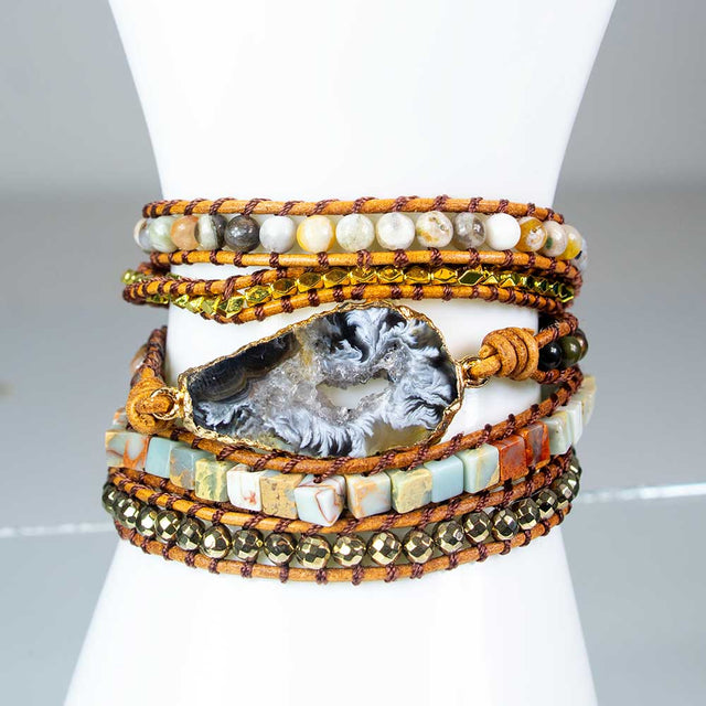 38" Wrap Bracelet Leather & Mixed Gemstones with Agate Geode Accent - Magick Magick.com