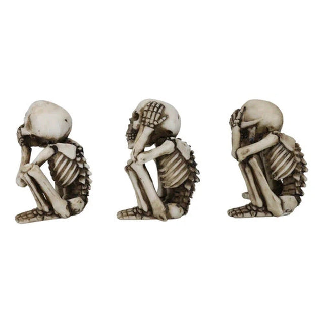 3.25" Sitting Skeleton Statue Set - See, Hear, Speak No Evil (Set of 3) - Magick Magick.com