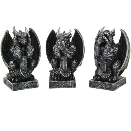3.35" Sitting Dragon Statue Set - See, Hear, Speak No Evil (Set of 3) - Magick Magick.com