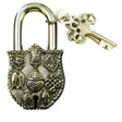 4" Antique Auspicious Symbol Silver Brass Lock with Keys - Magick Magick.com