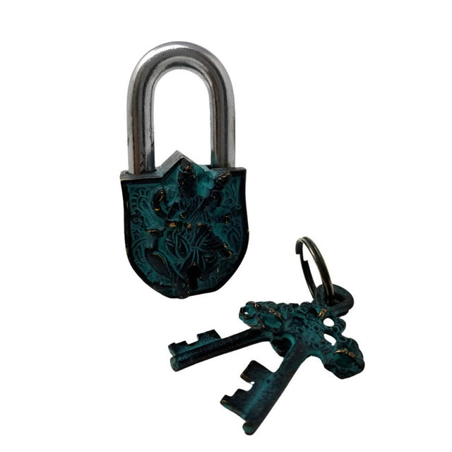 4" Antique Goddess Saraswati Brass Lock with Keys - Magick Magick.com
