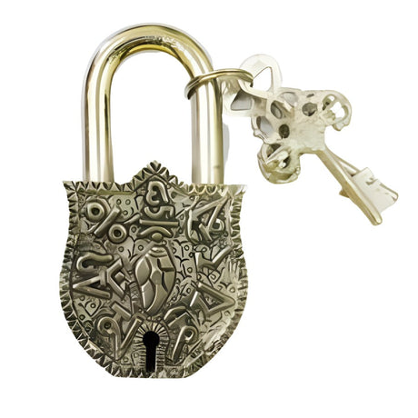 4" Antique Om Mani Silver Brass Lock with Keys - Magick Magick.com