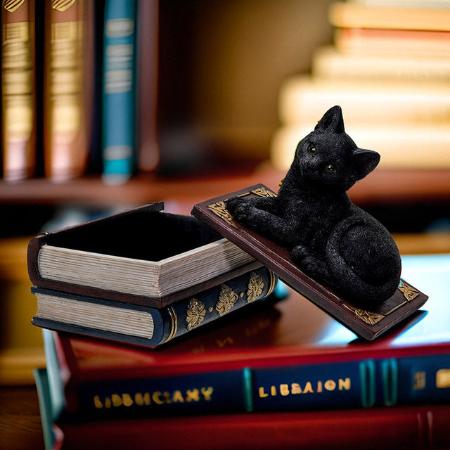 4" Black Cat on Book Resin Statue Box - Magick Magick.com