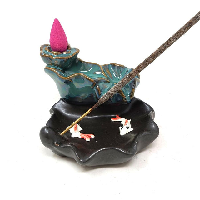 4" Lotus Waterfall Koi Backflow Cone Incense Burner - Magick Magick.com