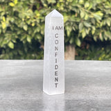 4" Selenite Affirmation Obelisk Tower - I AM Confident - Magick Magick.com