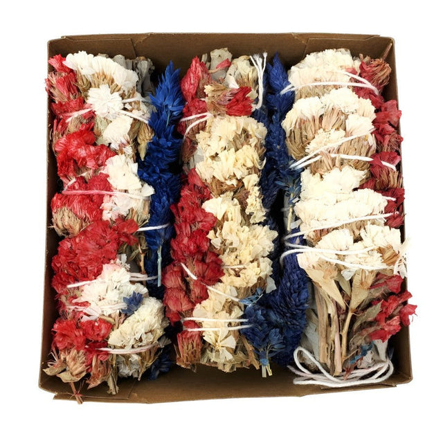 4" White Sage, Red & Blue Paper Flower Smudge Stick - Magick Magick.com