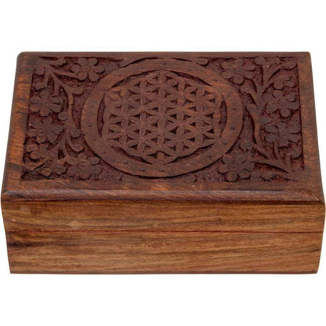 4" x 6" Carved Wood Box Velvet Lined - Flower of Life - Magick Magick.com