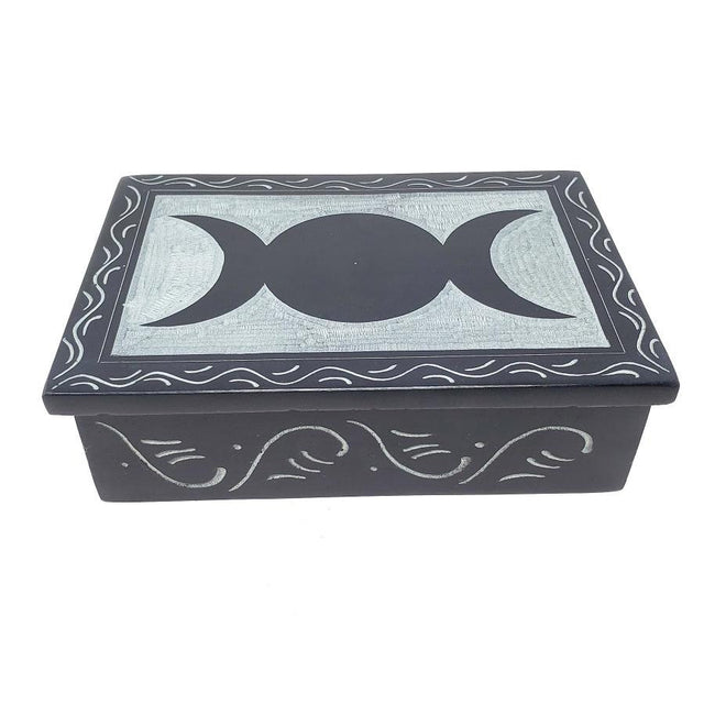 4" x 6" Triple Moon Carved Black Soapstone Box - Magick Magick.com