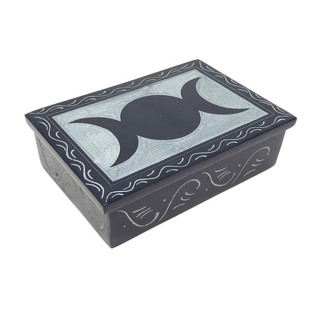 4" x 6" Triple Moon Carved Black Soapstone Box - Magick Magick.com