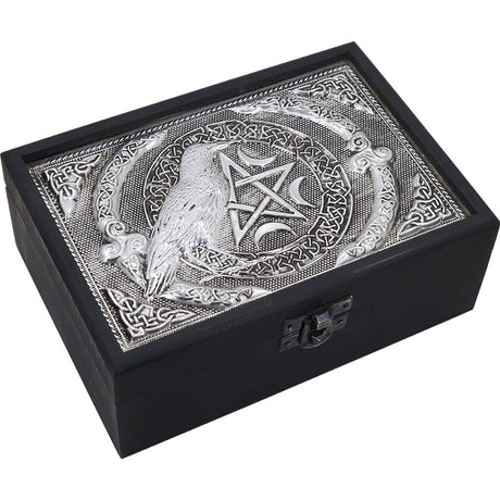 4" x 6" Velvet Lined Metal Top Wooden Box - Raven with Pentacle - Magick Magick.com