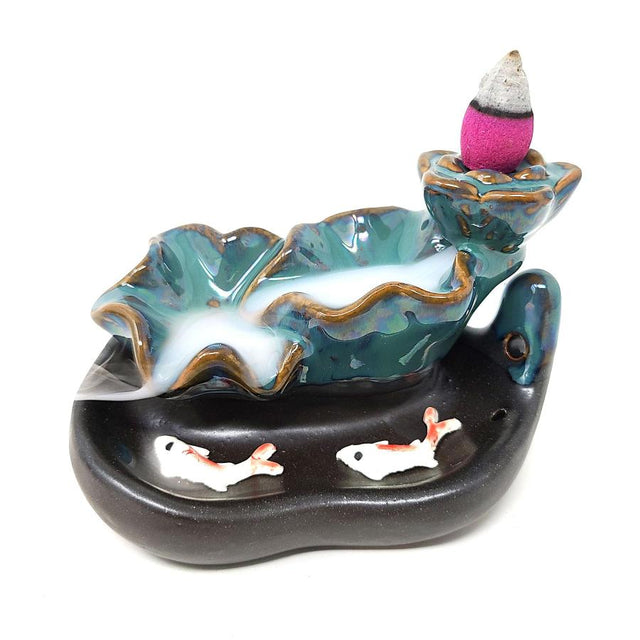 4.5" Lotus Waterfall Koi Backflow Cone Incense Burner - Magick Magick.com